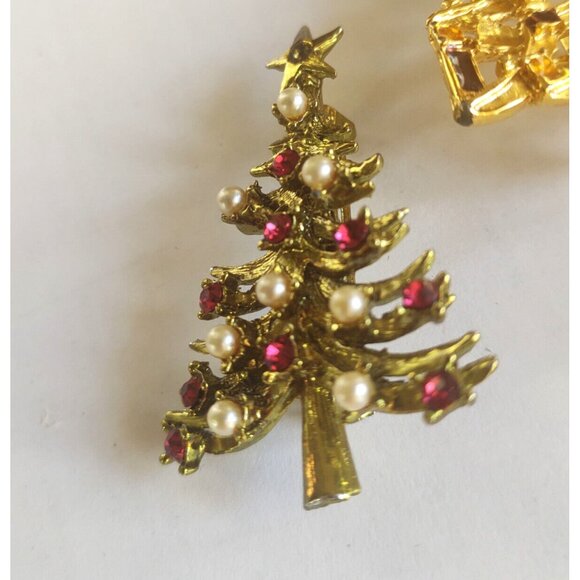 Christmas Tree Brooches (lot of three) Rhinestone, Faux Pearl & Enamel - Picture 4 of 15